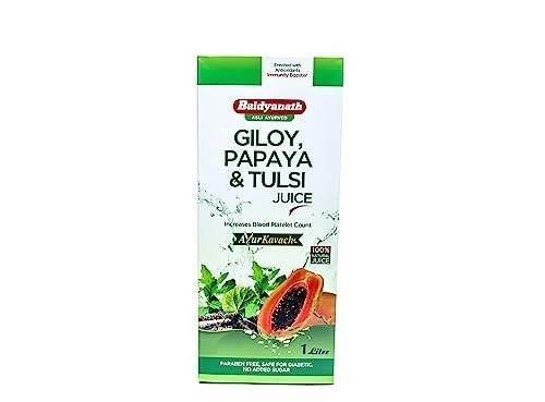uk31bq0fCgDfL-1.jpg Baidyanath Giloy, Papaya & Tulsi Juice - Boost Blood Platelet Count | Ayurvedic Herbal Juice | 1 Ltr - Fast UK Delivery - Image 1