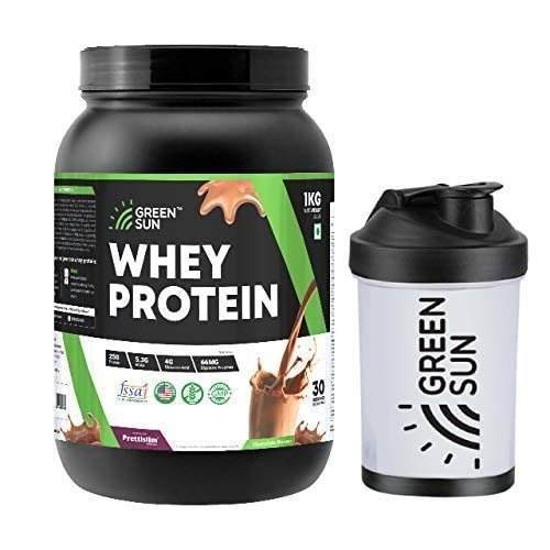 uk41l1ciFAL-1.jpg Green Sun Whey Protein Supplement | 1 KG | 25 Gm Protein Per Serving |Chocolate| Sugar Free | Pure Whey | Gold Standard | Digestive Enzymes| Enriched BCAA | Pack of 01 With Shaker - Fast Shipping to USA - Image 1