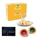 Dhampurgreen Soan Papdi Diwali Sweets Gift Hamper,1 Diya & Greeting Card - Indian Sweets | Mithai | Gift, 400grams - Fast UK Delivery - Image 2