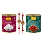 Haldiram's Nagpur Rasgulla and Gulab Janmun Tin (Combo Pack)(1kg*2) With 2 Premium Rakhi - Fast UK Delivery