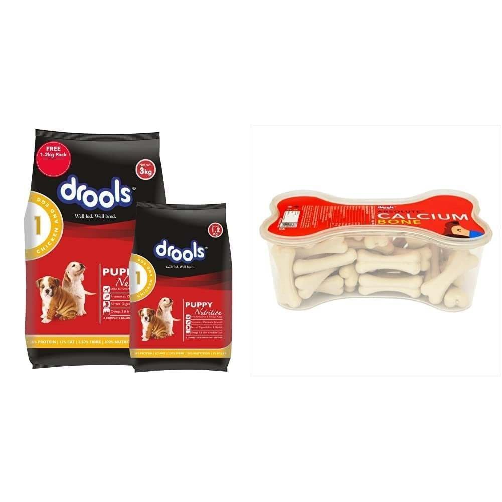 uk5124DTBJOL-1.jpg Drools Chicken and Egg Puppy Dog Food, 3 kg with Free 1.2 kg and Absolute Calcium Bone Jar, Dog Supplement - 40 Pieces (600gm) - Fast UK Delivery - Image 1
