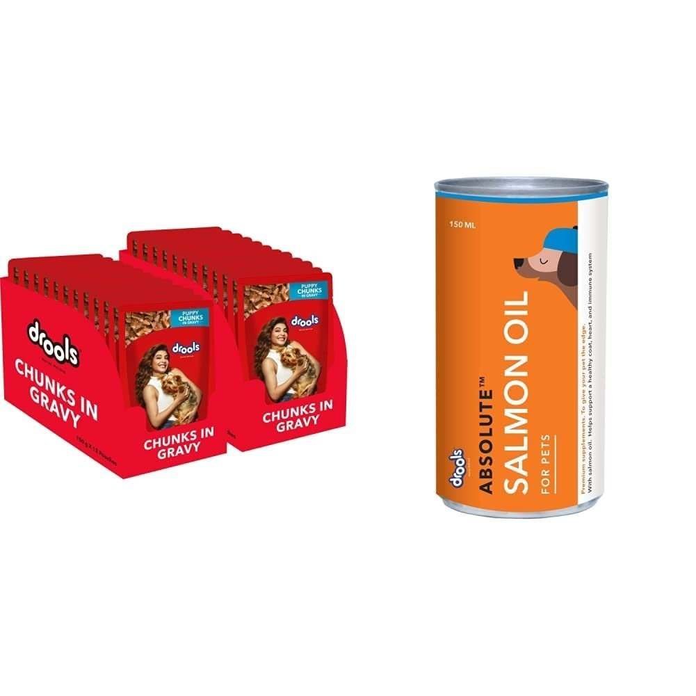 uk5124hSLTnML-1.jpg Drools Puppy Wet Dog Food, Real Chicken and Chicken Liver Chunks in Gravy, 24 Pouches (24 x 150g)&Drools Absolute Salmon Oil Syrup - Dog Supplement, 150 ml - Fast UK Delivery - Image 1