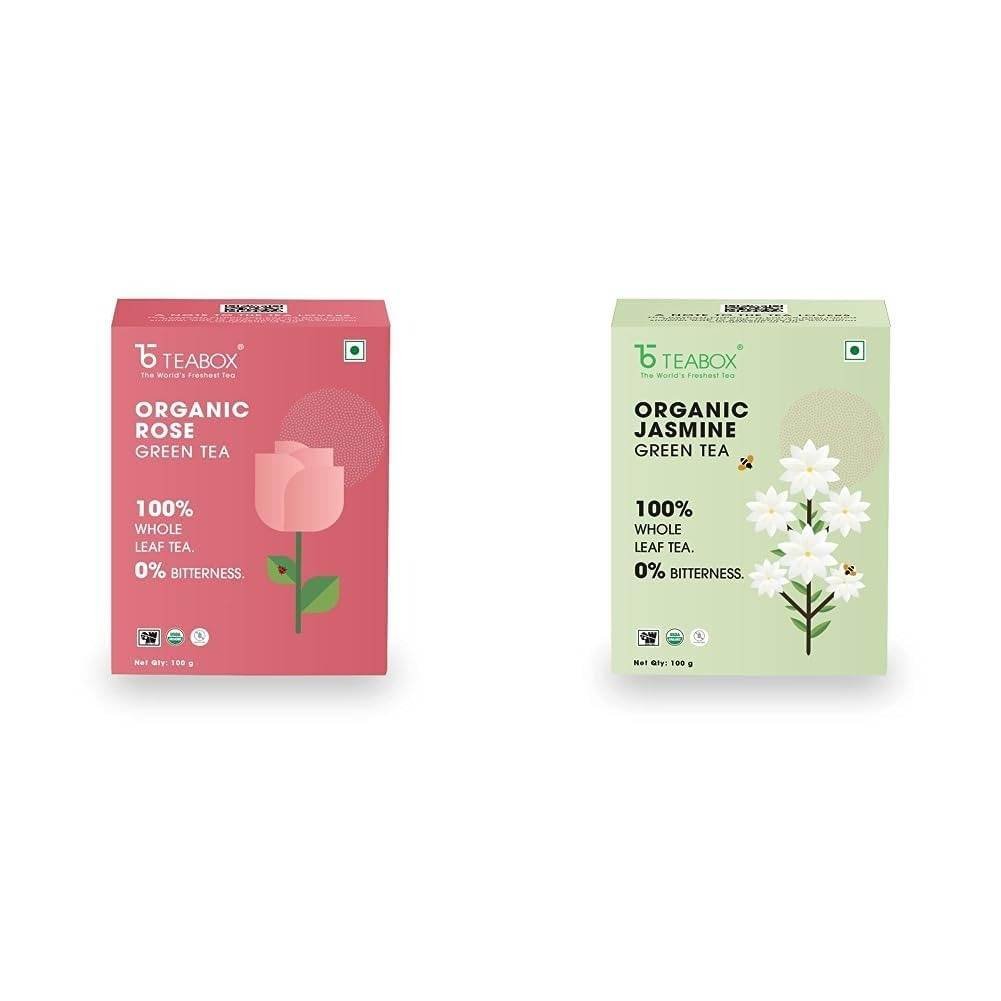 uk514YbZtyeuL-1.jpg Teabox Organic Rose Green Tea 100g & Teabox Organic Jasmine Green Tea 100g | Sourced From Madurai | For Calm Mind and Relaxation - Fast UK Delivery - Image 1
