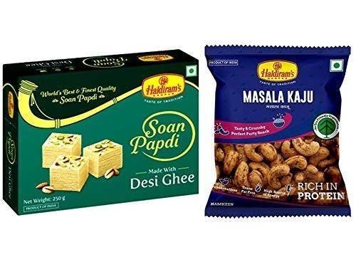 uk517a7dBTakL-1.jpg Haldiram's Nagpur Soan Papdi Special Ghee, Pack of 3 X 250 g and Masala Kaju, Pack of 3 X 35 g - Fast UK Delivery - Image 1