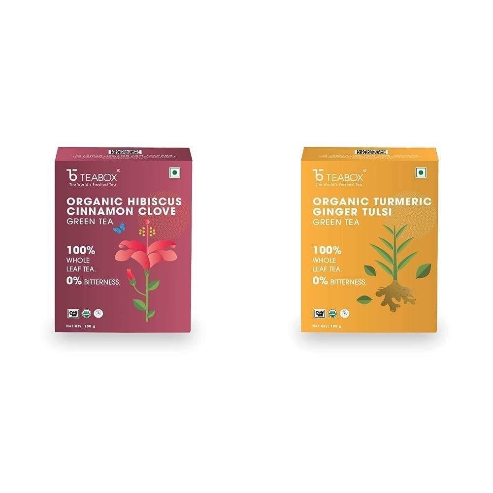 uk517oNVMpF-L-1.jpg Teabox Organic Hibiscus Cinnamon Clove Green Tea 100 grams & Teabox Organic Turmeric Ginger Tulsi Green Tea 100 grams - Fast UK Delivery - Image 1