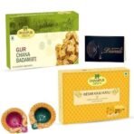 Dhampurgreen Gur Chana Badam Bite(400g) & Kesar Kaju Katli(400g) Diwali Sweets Gift Hamper,1 Diya & Greeting Card - Indian Sweets | Mithai - Fast UK Delivery - Image 2