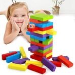 VYAS Wooden Blocks, colourful Wooden Tumbling Tower, Stacking and Balancing Block Toys with Dices for Kids & Adults (54 Pcs) - Fast UK Delivery - Image 4