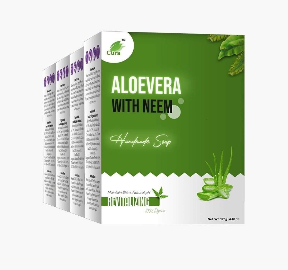uk51NcM8UtCL-1.jpg CURA Aloe Vera Neem Soap 125gm x 4 I Medicated Natural Handmade Soap I For Soft & Healthy Skin I Suitable for all skin types Pack of 4 X 125gm each - Fast UK Delivery - Image 1