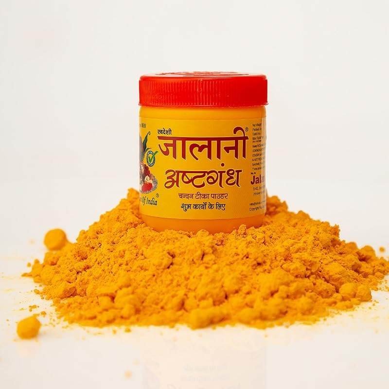 uk51Q1IRLe8xL-1.jpg Jalani Ashtagandha Chandan Tikka Powder for Shree Radhe Krishna Pooja, Long Lasting Fragrance Tilak 50gm pack of 10 - Fast Shipping to USA & Canada - Image 1