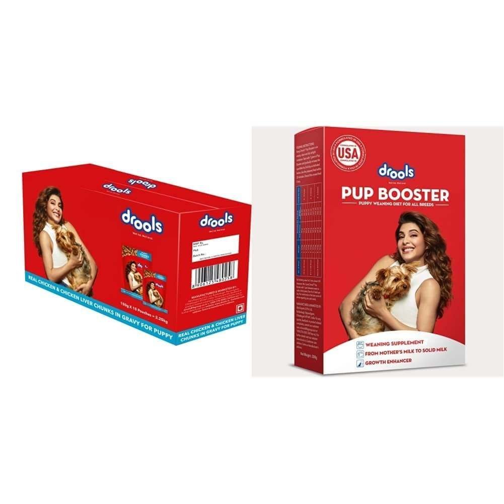 uk51RQj0K27ML-1.jpg Drools Puppy Wet Dog Food, Real Chicken and Chicken Liver Chunks in Gravy, 15 Pouches (15 x 150g)&Drools Pup Booster - Puppy Weaning Diet Powder Dog Food for All Breeds, Milk Flavour, 300g - Fast UK Delivery - Image 1