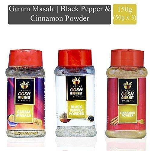uk51ReuIhtA8L-1.jpg OOSH Gourmet's Combo of Black Pepper Powder 50g , Cinnamon Powder 50g & Garam Masala 50g | Sieve Jar Packaging | Cooking Essential - Fast UK Delivery - Image 1