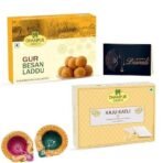 Dhampurgreen Gur Besan Laddu Diwali Sweets Gift Hamper,1 Diya & Greeting Card - Indian Sweets | Mithai | Gift, 900grams - Fast UK Delivery - Image 2