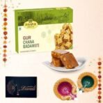 Dhampurgreen Gur Chana Badam Bite(400g) & Kesar Kaju Katli(400g) Diwali Sweets Gift Hamper,1 Diya & Greeting Card - Indian Sweets | Mithai - Fast UK Delivery - Image 4