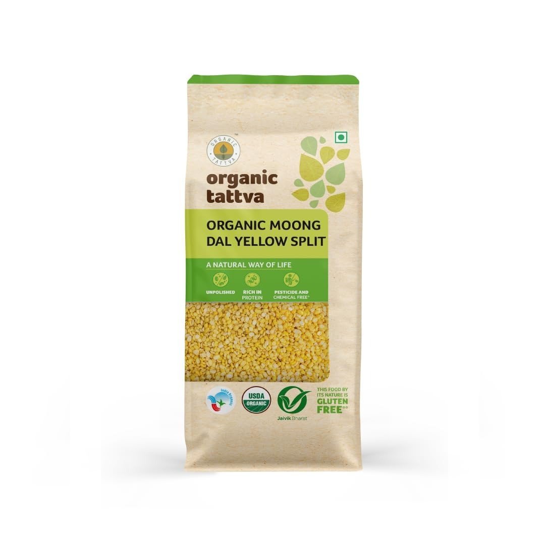 uk51fD5FXViiL-1.jpg Organic Tattva, Moong Dal Yellow Split, 1kg | Rich in Protein | Naturally Gluten Free | Unpolished Dal | Pesticide and Chemical Free | Pack of 1 - Fast UK Delivery - Image 1