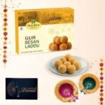 Dhampurgreen Gur Besan Laddu Diwali Sweets Gift Hamper,1 Diya & Greeting Card - Indian Sweets | Mithai | Gift, 900grams - Fast UK Delivery - Image 3