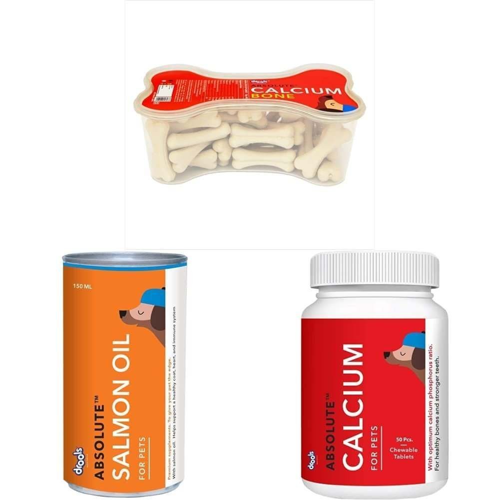 uk51gvyIAlqML-1.jpg Drools Absolute Calcium Bone Jar, Dog Treats - 40 Pieces (600g) & Absolute Calcium Tablet- Dog Supplement, 50 Pieces & Absolute Salmon Oil Syrup - Dog Supplement, 150 ml - Fast UK Delivery - Image 1