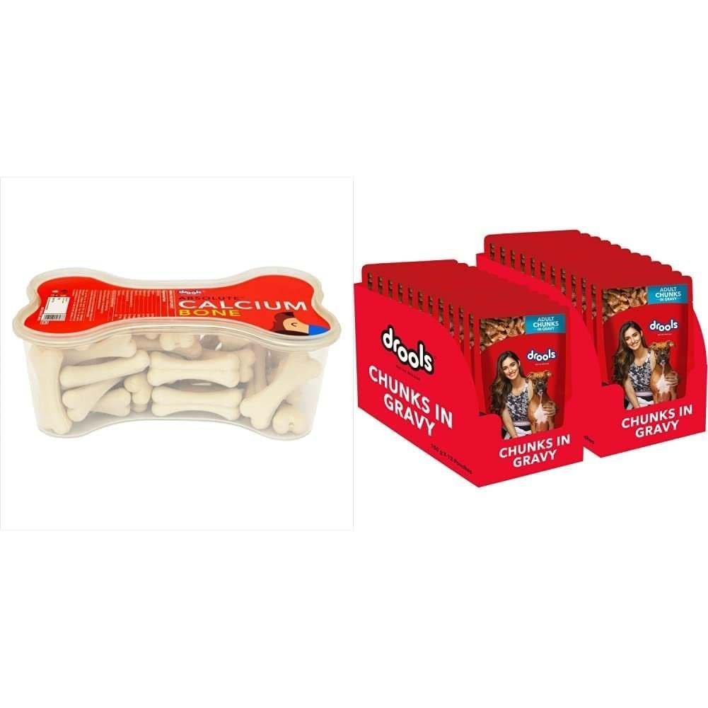 uk51ifHdsvpL-1.jpg Drools All Life Stages Absolute Calcium Bone Jar, Dog Treats, Chicken - 20 Pieces (300 g) & Adult Wet Dog Food, Real Chicken and Chicken Liver Chunks in Gravy, 24 Pouches (24 x 150g) - Fast UK Delivery - Image 1