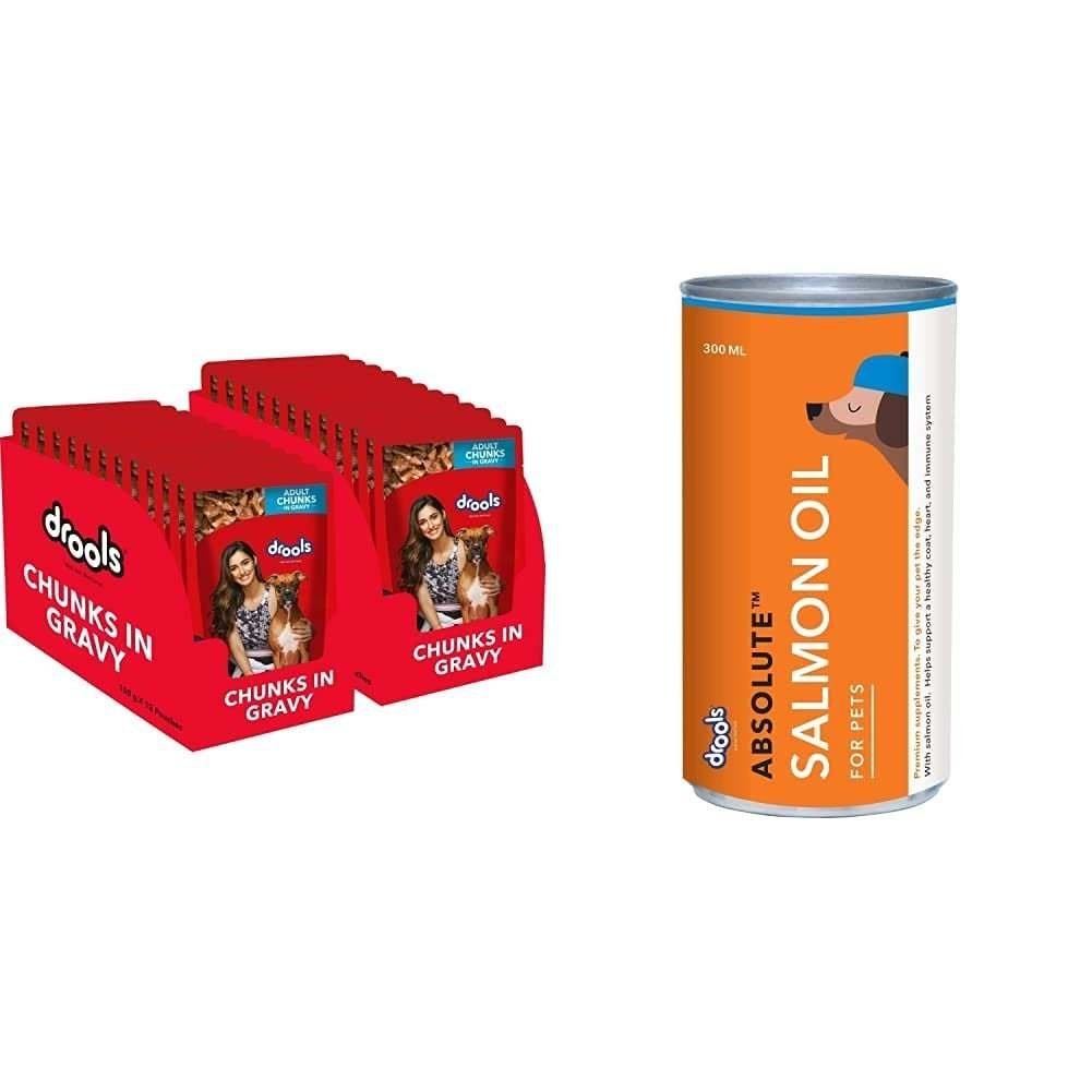 uk51qJO5eSEL-1.jpg Drools Adult Wet Dog Food, Real Chicken and Chicken Liver Chunks in Gravy, 24 Pouches (24 x 150g) & Absolute Salmon Oil Syrup- Dog Supplement, 300ml - Fast UK Delivery - Image 1