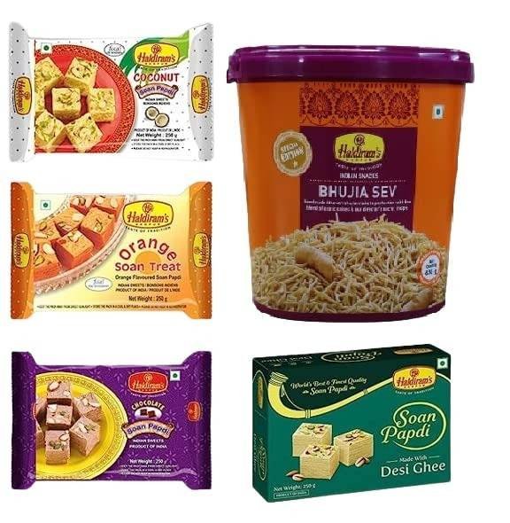 uk51xxoRZO9L-1.jpg Haldiram's Nagpur Pack of 4 Soan papdi (Orange, Coconut, chocolate, Dessi ghee flavour)250g Each with Bhujiya Jar 600g Combo Pack - Fast UK Delivery - Image 1