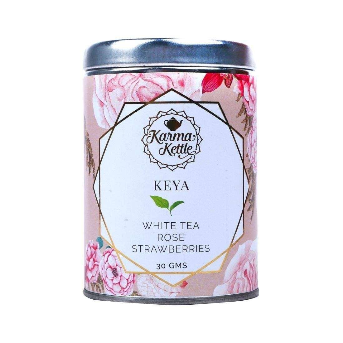 uk61-4hYh72hL-1.jpg Karma Kettle Keya White Tea with Rose Petals, Strawberry Fruit Freezed Dried Bits, Cinnamon Bits, Fennel Bits, White Tea(Silver Tips) - 30gms Loose Leaf Tin, 30 g - Fast UK Delivery - Image 1