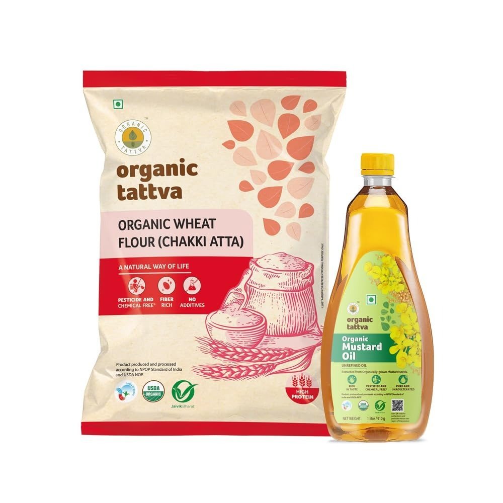 uk610C3qP1JL-1.jpg Organic Tattva, Organic Whole Wheat Flour Chakki (ATTA), 5kg | Mustard Oil 1L (Pack of 2) - Fast UK Delivery - Image 1