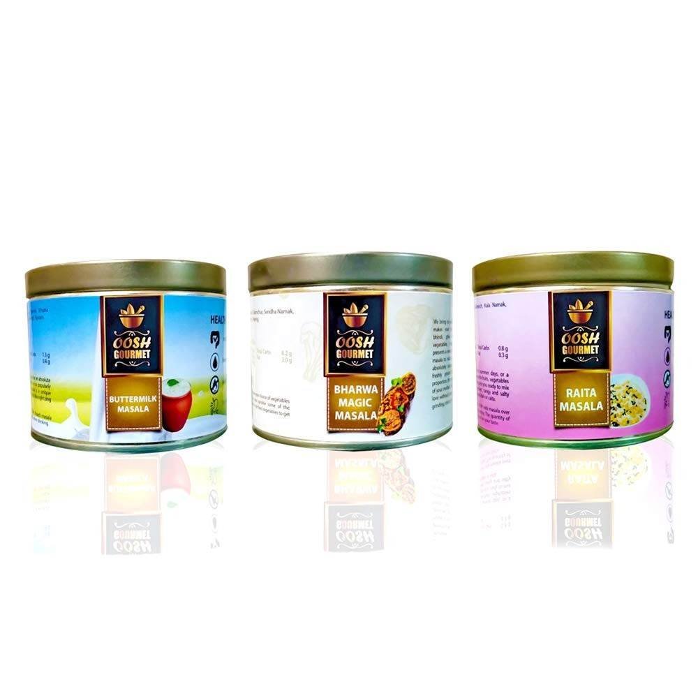 uk6117Js2obOL-1.jpg OOSH Gourmet's Raita Masala, Chaach Masala & Bharwan Masala 300grams ( 100g x 3 ) | Kitchen Essentials | Add a Puch of Flavour to Your Indian Dishes - Fast UK Delivery - Image 1