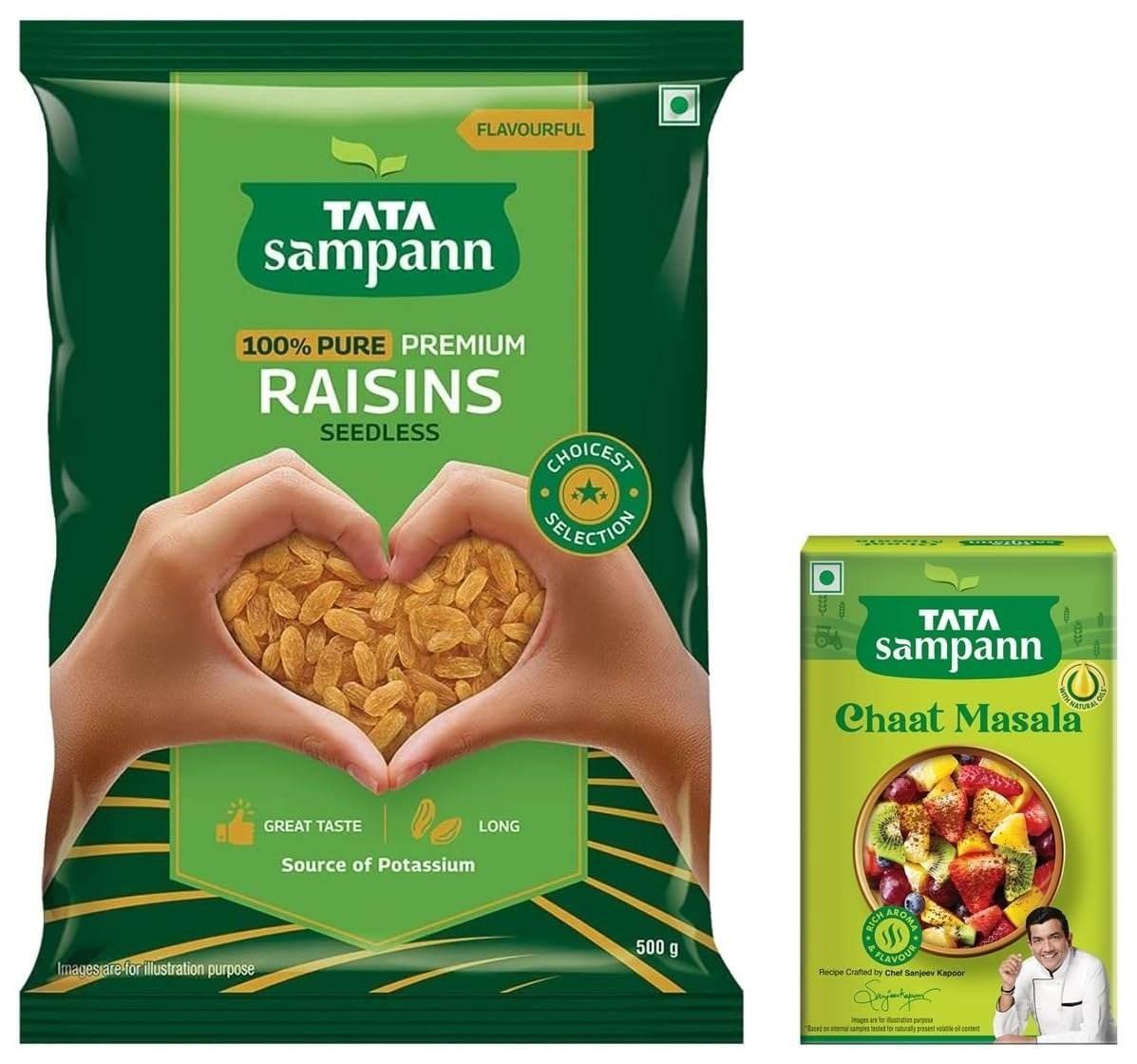 uk611f8vOFr3L-1.jpg Tata Sampann Pure Raisins Seedless | Kishmish | Source of Potassium | Hand-picked Dry Fruits | 500g Value Pack & Tata Sampann Chaat Masala with Natural Oils, Crafted by Chef Sanjeev Kapoor, 100g - Fast UK Delivery - Image 1
