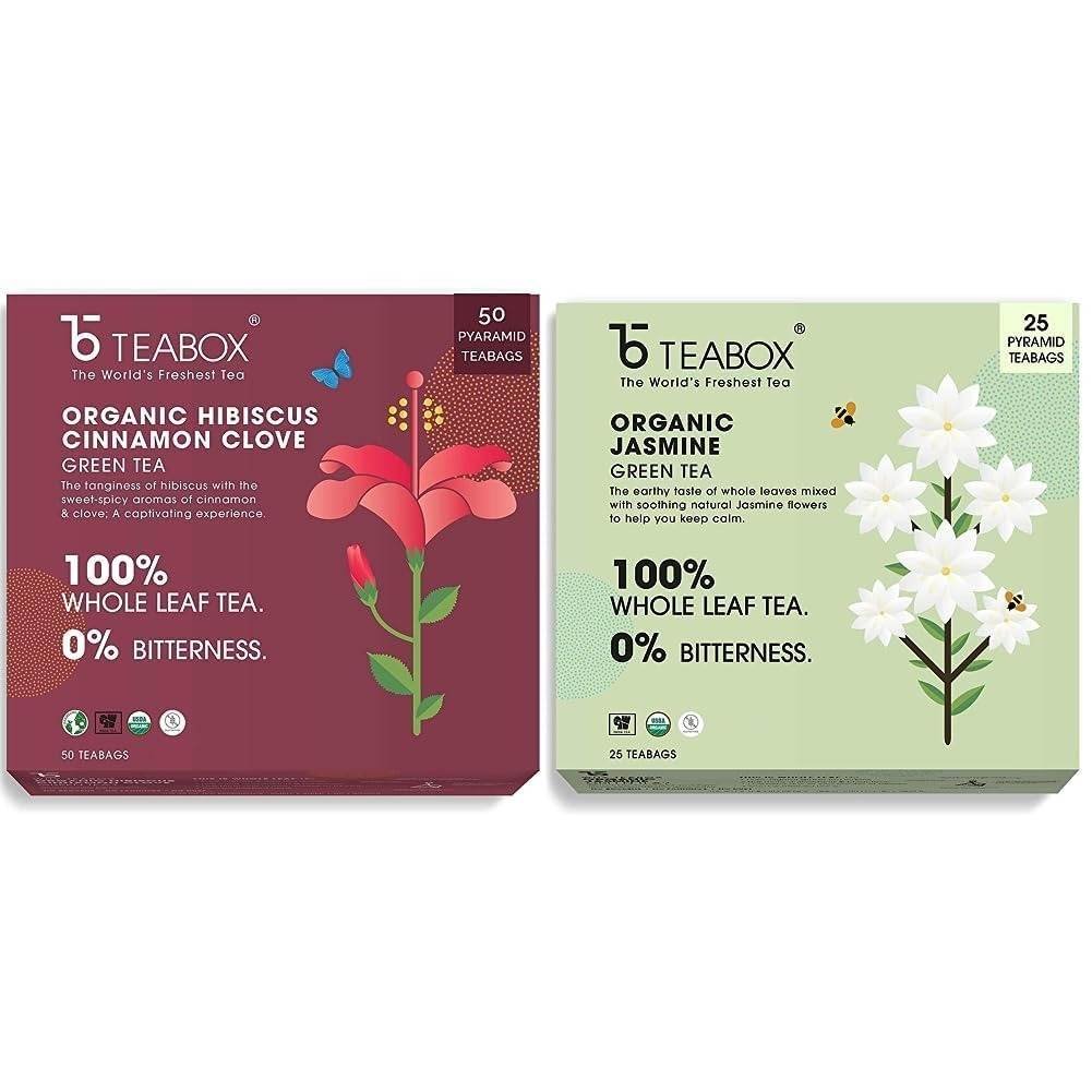 uk611fDVWhm7L-1.jpg Teabox Organic Hibiscus Cinnamon Clove Green Tea Bags 50 pcs & Teabox Organic Jasmine Green Tea 25 Teabags | Sourced From Madurai | For Calm Mind and Relaxation - Fast UK Delivery - Image 1
