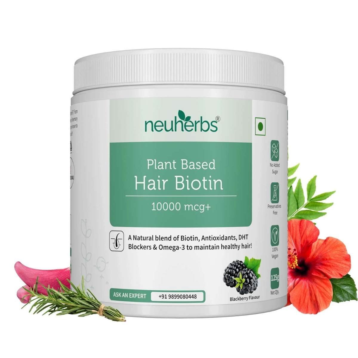uk611kLtSmbBL-1.jpg Neuherbs Plant Based Hair Biotin 10000mcg Supplement with DHT-Blocker & Omega-3 | Sesbania, Hibiscus, Rosemary extract, and black pepper | For Hair Growth , Hair Fall Control - 125 g ( Powder ) | Blackberry Flavoured | Great Taste - Fast UK Delivery - Image 1