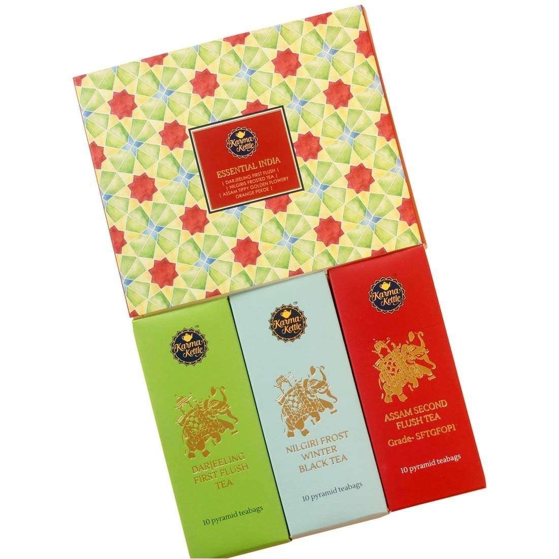 uk612JF6UbQhL-1.jpg Karma Kettle Essential India Gift Box with Assam Second Flush Tea, Darjeeling First Flush Tea, Nilgiri Winter Frost Black Tea - 30 Pyramid Teabag, 60 g - Fast UK Delivery - Image 1