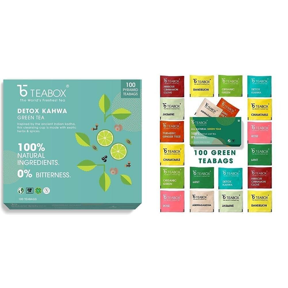 uk613HmaCy9aL-1.jpg Teabox Detox Kahwa Green Tea 100 Teabags & Teabox Green Tea Sampler Bags 100pcs (10pcs X 10 flavors) - Fast UK Delivery - Image 1