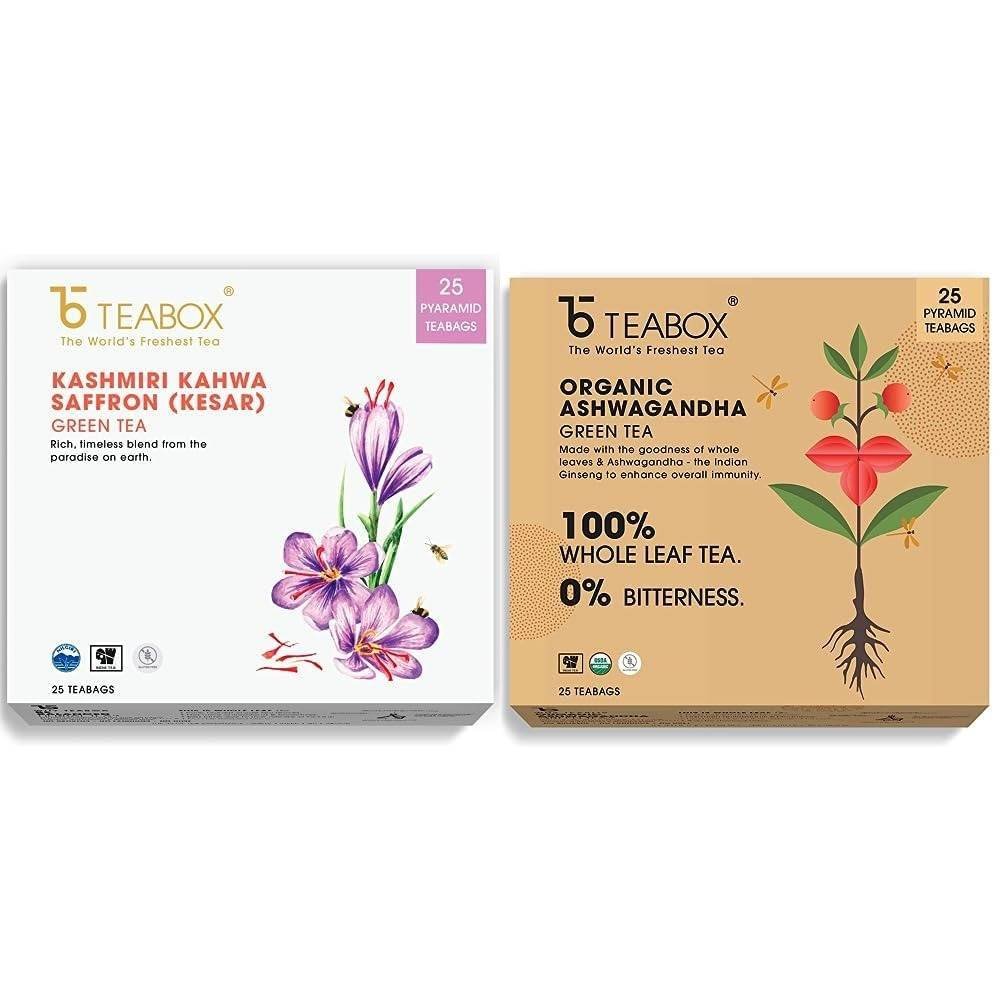 uk616GO6sOwpL-1.jpg Teabox Fresh Kashmiri Kahwa Saffron (Kesar) Green Tea Bags 25 Pieces & Teabox Organic Ashwagandha Green Tea 25 Teabags - Fast UK Delivery - Image 1