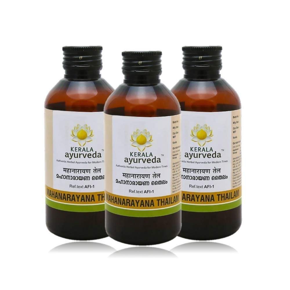 uk61CwSu03fJL-1.jpg Kerala Ayurveda Mahanarayana Thailam - 200 ml | Ayurvedic Oil for Muscle Soreness & Stiffness | Increases Flexibility in Joints & Relieves Pain | Tel Massage Oil | Strengthens Muscles (Pack of 3) - Fast UK Delivery - Image 1