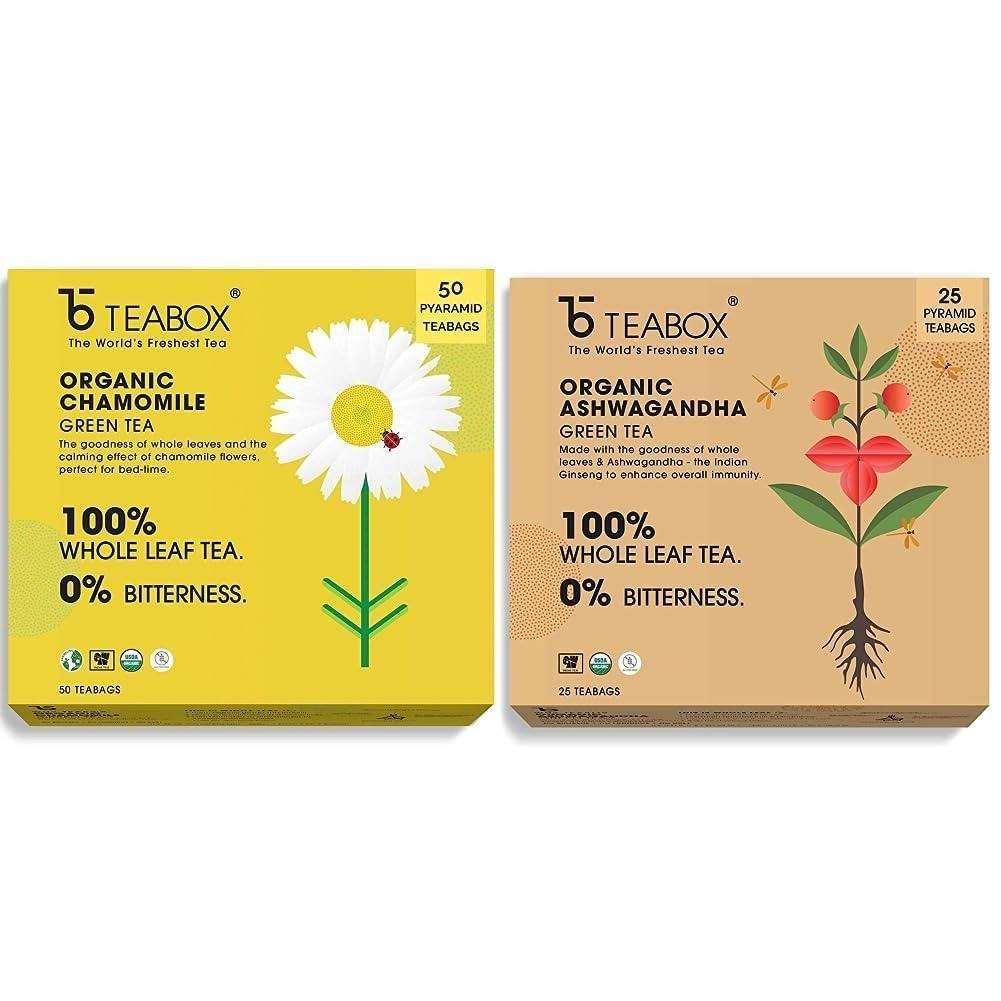 uk61Isi4cLgGL-1.jpg Teabox Chamomile Green Tea for Stress Relief & Good Sleep, Made with 100% Whole Leaf & Natural Chamomile Flowers, 50 Silken Pyramid Tea Bags & Teabox Organic Ashwagandha Green Tea 25 Teabags - Fast UK Delivery - Image 1