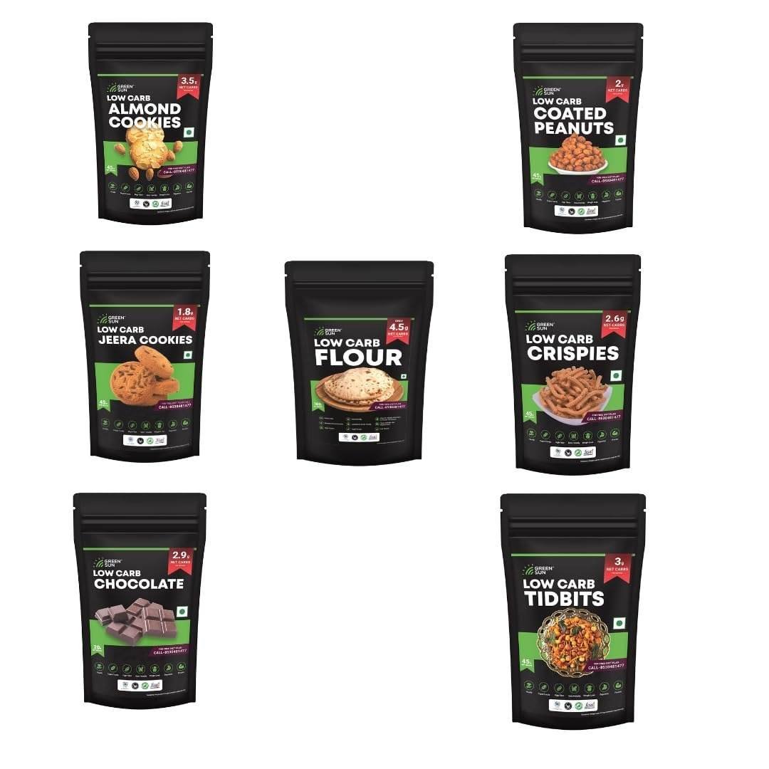 uk61LZVYtz87L-1.jpg Green Sun Low Carb Snacks Hamper| Pack of 1 | 6 Healthy Keto Snacks + FREE Low Carb Flour | Almond Cookies | Jeera Cookies| Chocolate |Coated Peanuts| Tidbits | Crispies | Low Carb Flour - Fast Shipping to USA & Canada - Image 1