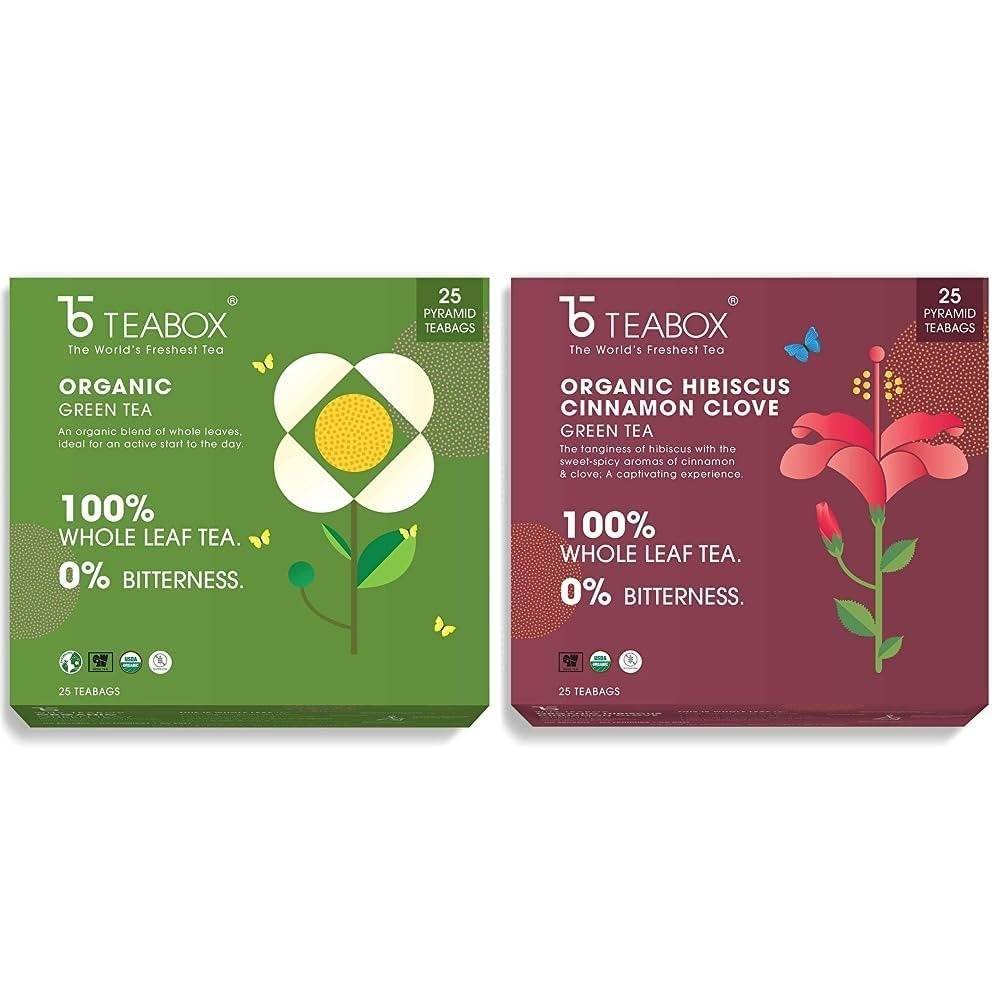 uk61ME5EjDwvL-1.jpg Teabox Organic Darjeeling Green Tea 25 Teabags & Teabox Organic Hibiscus Cinnamon Clove Green Tea Bags 25 pcs - Fast UK Delivery - Image 1