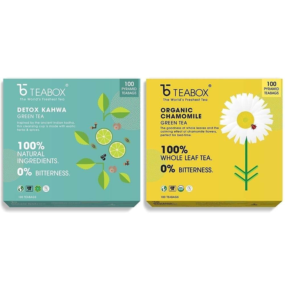 uk61NcYqueO0L-1.jpg Teabox Detox Kahwa Green Tea 100 Teabags & Teabox Chamomile Green Tea for Stress Relief & Good Sleep, 100 Silken Pyramid Tea Bags - Fast UK Delivery - Image 1