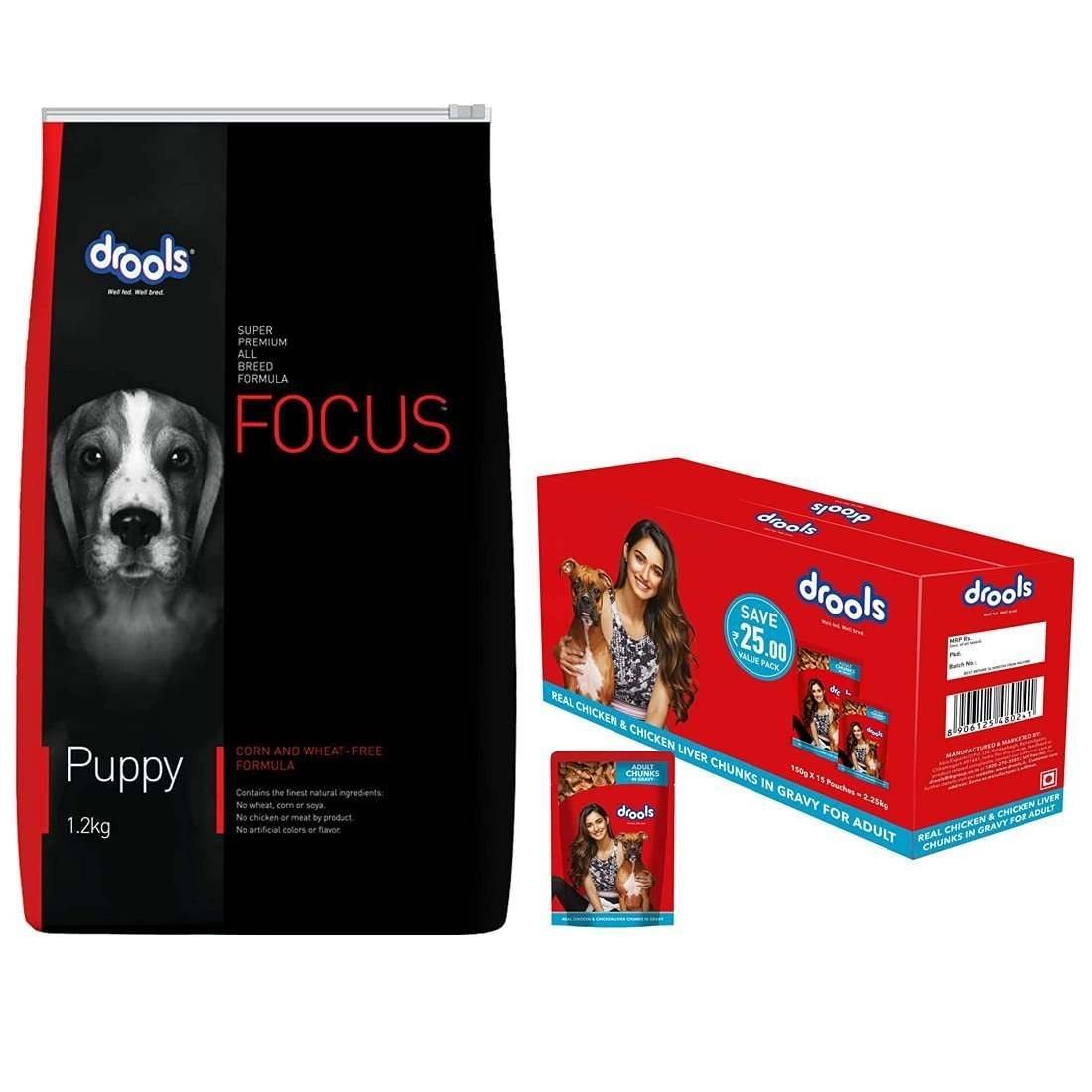 uk61Nr8m97PsL-1.jpg Drools Adult Wet Dog Food, Real Chicken and Chicken Liver Chunks in Gravy, 15 Pouches (15 x 150g)+ Drools Focus Puppy Super Premium Dog Food (1.2Kg),1.2 g (Pack of 1) - Fast UK Delivery - Image 1