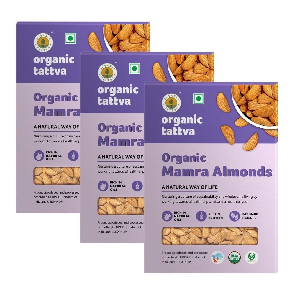 uk61OzUV8TqML-1.jpg ORGANIC TATTVA Organic Kashmiri Mamra Raw Almonds/Badams 250Gram (Pack Of 3) - Fast UK Delivery - Image 1