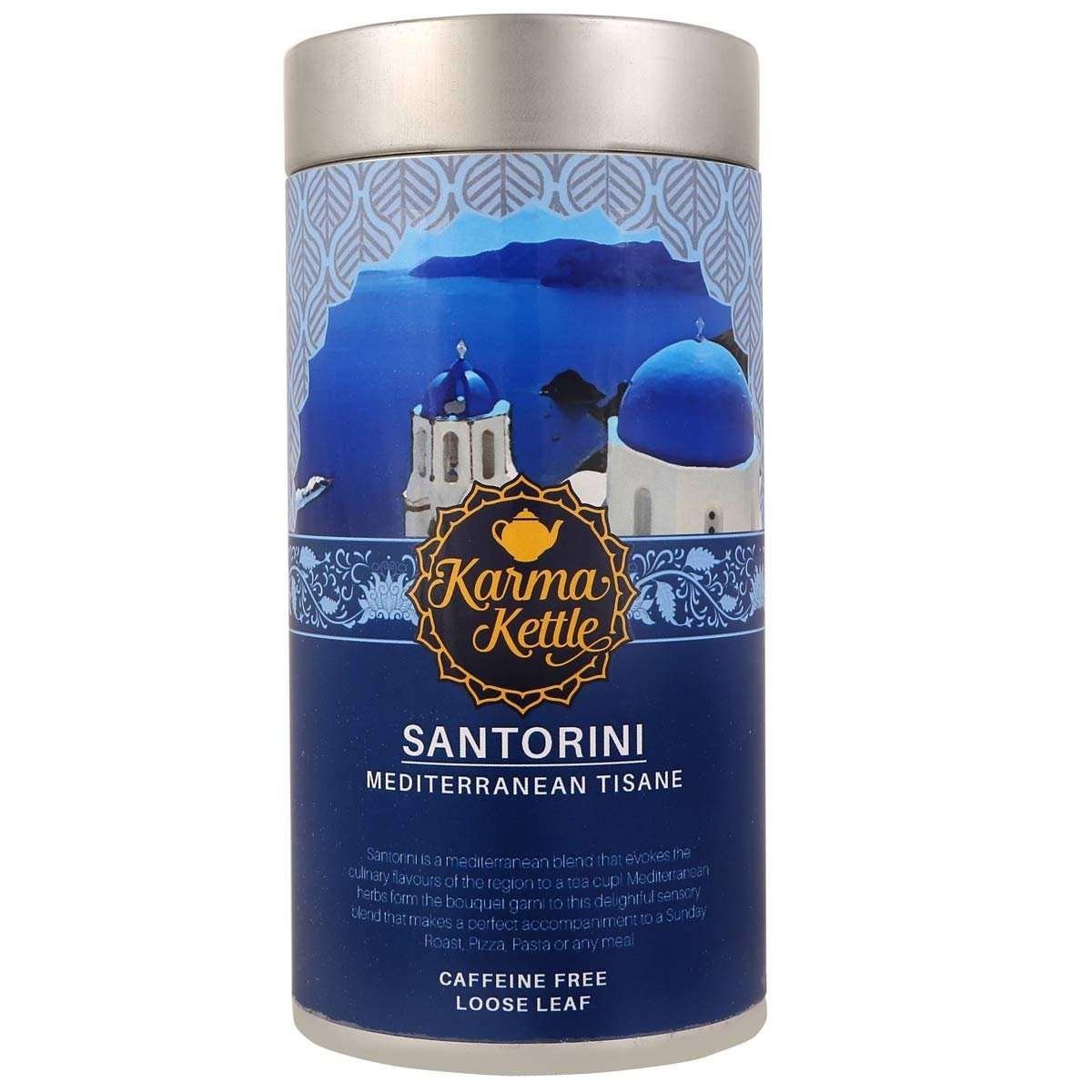 uk61RJCCO-MaL-1.jpg Karma Kettle Santorini - Mediterranean Inspired Tisane, Caffeine Free with Rosemary, Peppermint, Sage, Sweet Basil, Thyme, Oregano - Loose Leaf Tea in Tin, 75 gm - Fast UK Delivery - Image 1