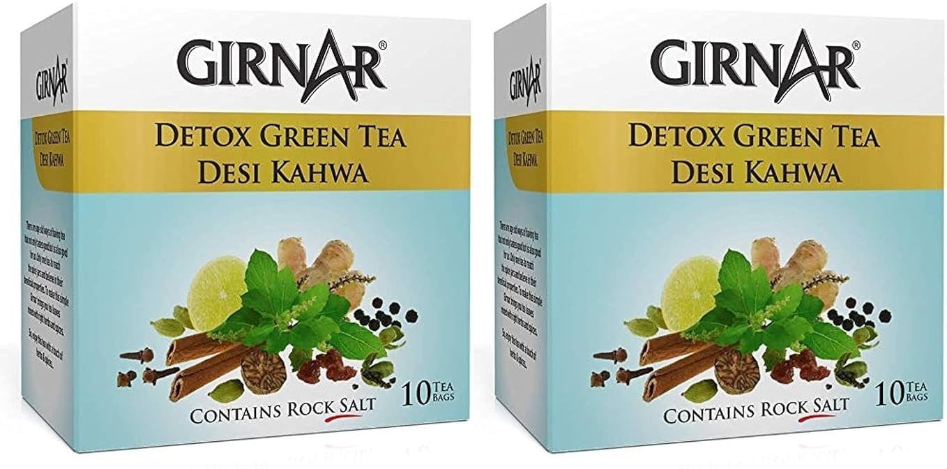 uk61RXdXyc7AL-1.jpg Girnar Green Tea, Desi Kahwa, 10 Tea Bags, (Pack of 2) 2.5g Each. Net Wt:- 50 gm - Fast UK Delivery - Image 1