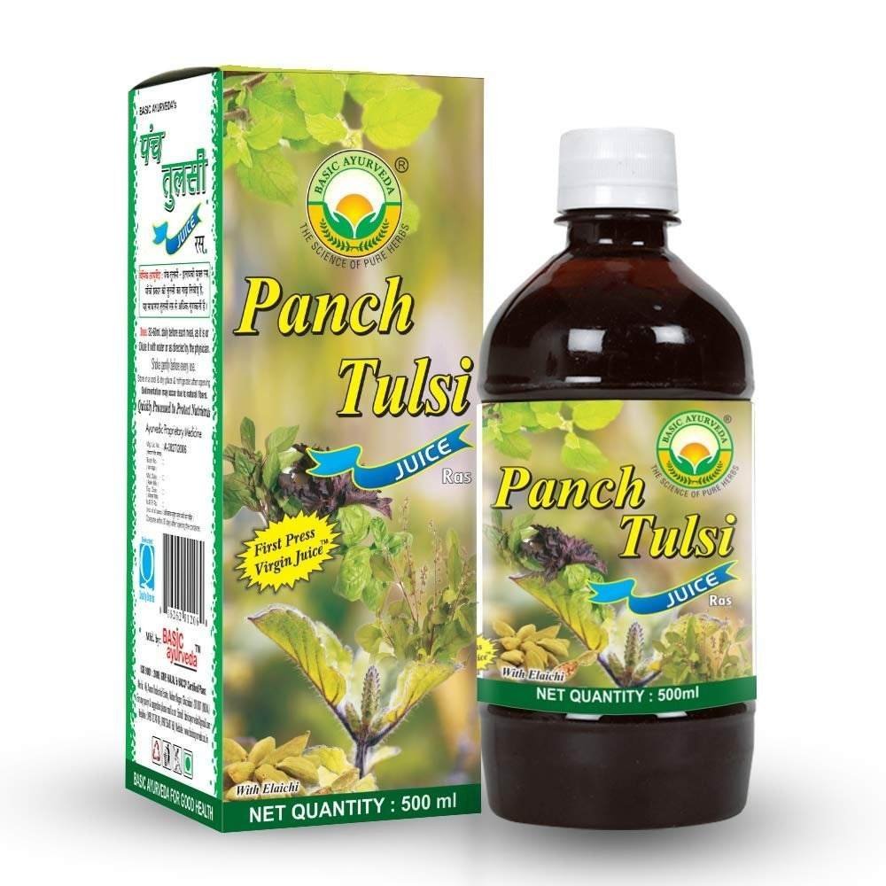 uk61Rfp2ZWwjL-1.jpg Basic Ayurveda Panch Tulsi Juice (Ras) | Improve Immunity | Skin Health | Maintain Cholesterol Level | Beneficial in Stomach Problem | 500 ml - Fast UK Delivery - Image 1
