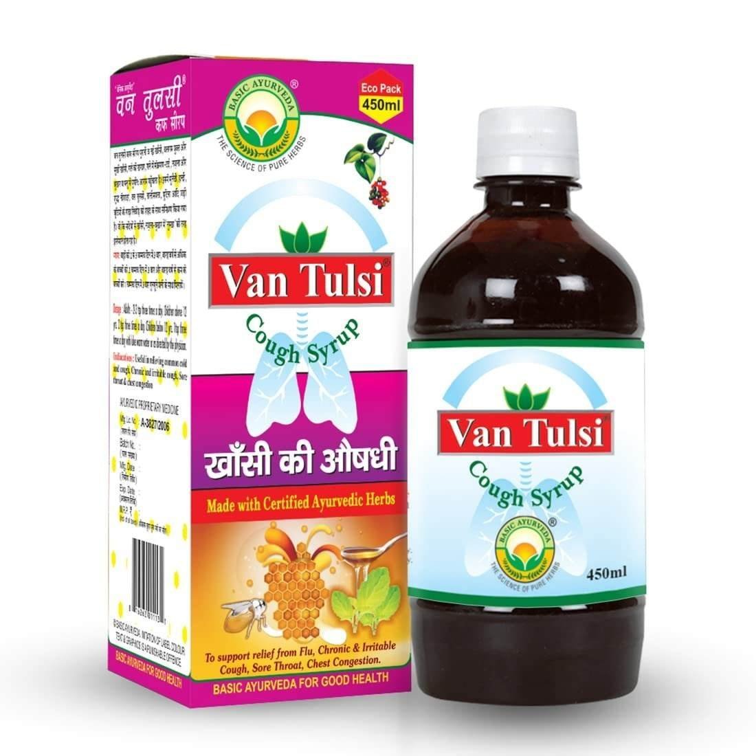uk61VAmZitWdL-1.jpg BASIC AYURVEDA Van Tulsi Cough Syrup | Support Your Body's Natural Ability To Fight Off Infections And Restore Balance| Ayurvedic Drink For Helps Cold & Cough - 450ml (Pack Of 1) - Fast UK Delivery - Image 1