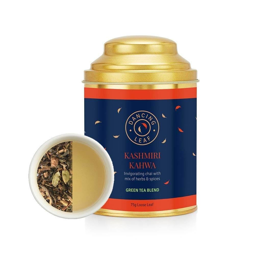 uk61Vehh1IfRL-1.jpg Dancing Leaf Kashmiri Kahwa | Green Tea, Liquorice, Ginger, Cloves, Cardamom, Nutmeg, Black Pepper, Almonds & Saffron | Green Tea Blend | Loose Leaf Tin (75 GMS) - Fast Shipping to USA & Canada - Image 1