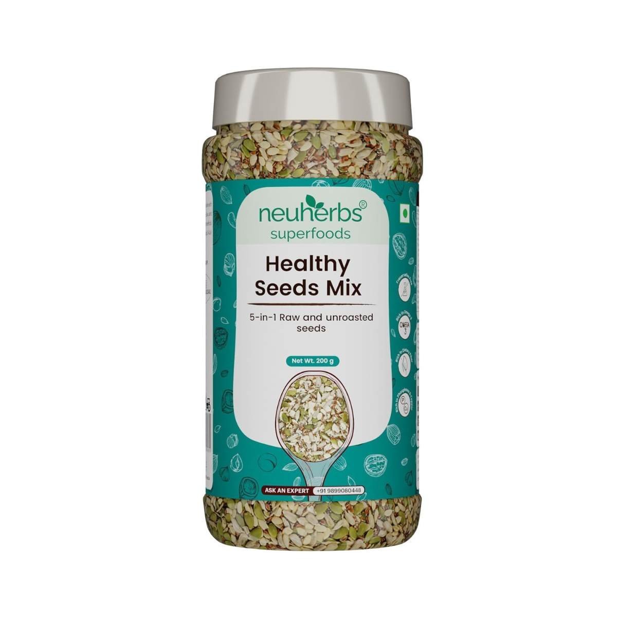 uk61YU805I6L-1.jpg Neuherbs 5 in 1 Healthy seeds mix for weight management, Pumpkin, Sunflower, Watermelon, Flax & Chia Seeds | Improved digestion, healthy heart with Omega-3 & protein support- 200 g Trail mix seeds - Fast UK Delivery - Image 1