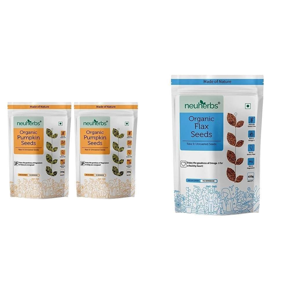 uk61ZR6chMejL-1.jpg Neuherbs Organic Raw & Unroasted Pumpkin Seeds- 200 G (Pack of 2) & Neuherbs Organic Raw & Unroasted Flax Seeds For Eating -400g - Fast UK Delivery - Image 1