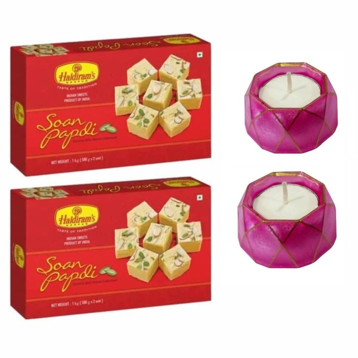 uk61aR7I06qL-1.jpg Haldiram's Nagpur Soan Papdi (Elaichi Flavour) 1 kg (Pack of 2) with 2 Small Diya - Fast UK Delivery - Image 1