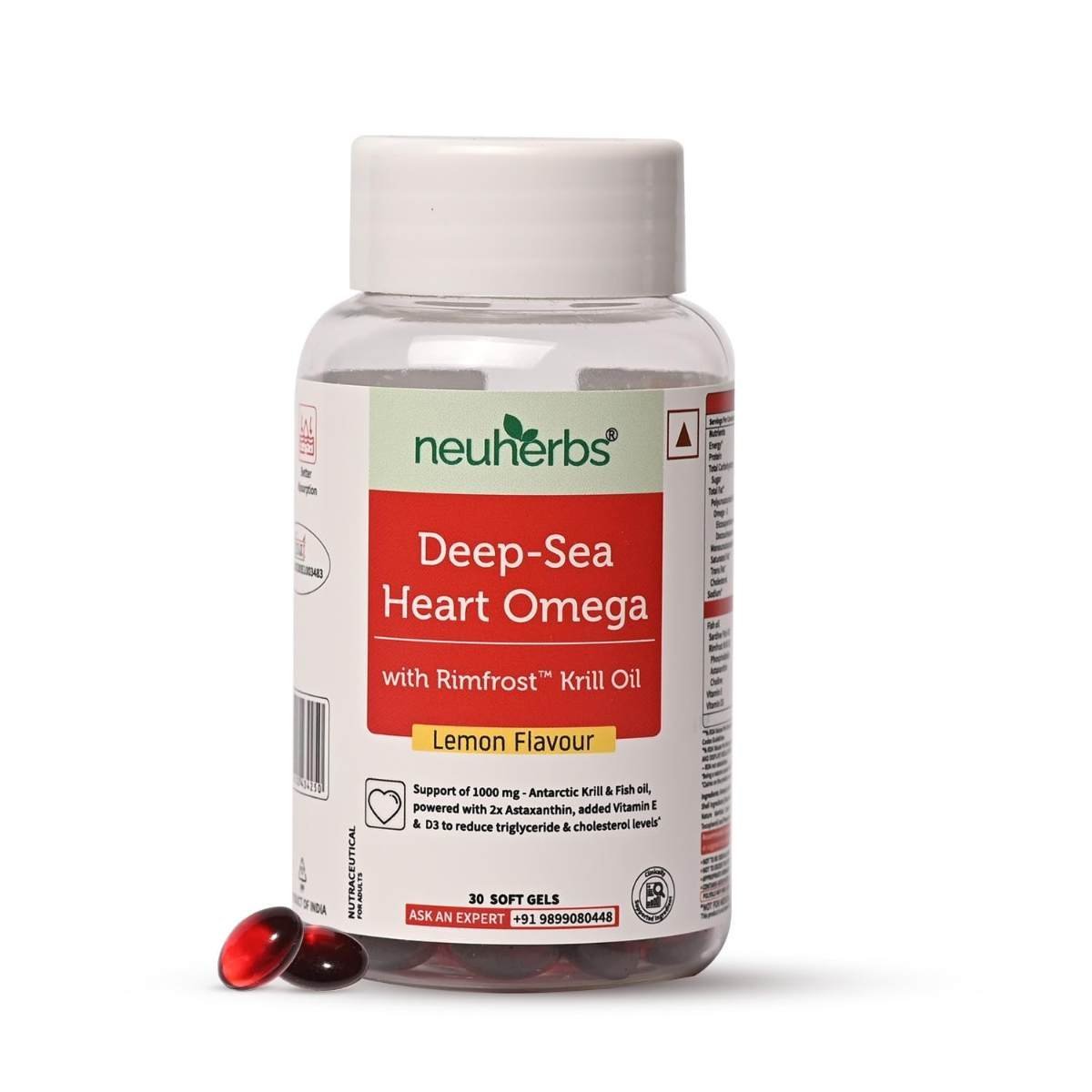 uk61afaCipARL-2.jpg Neuherbs Deep-Sea Heart Omega 3 Antarctic Krill Oil 1000mg - 30 Softgels for Men and Women | With 2x Astaxanthin, Added Vitamin E & D3 to Reduce Triglyceride & Cholesterol Levels | Lemon Flavour - Image 1
