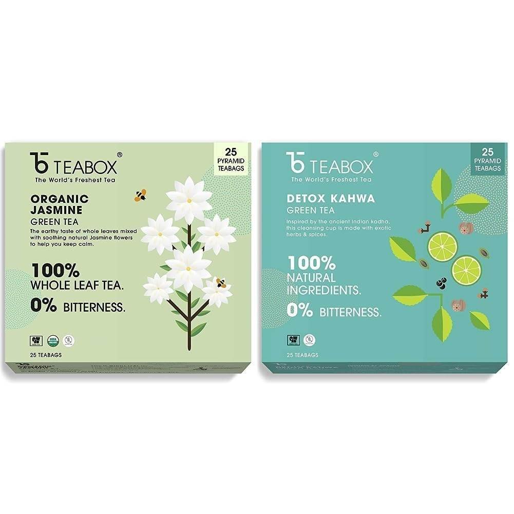 uk61cP8B8Wk4L-1.jpg Teabox Organic Jasmine Green Tea 25 Teabags | Sourced From Madurai | For Calm Mind and Relaxation & Teabox Detox Kahwa Green Tea 25 Teabags - Fast UK Delivery - Image 1