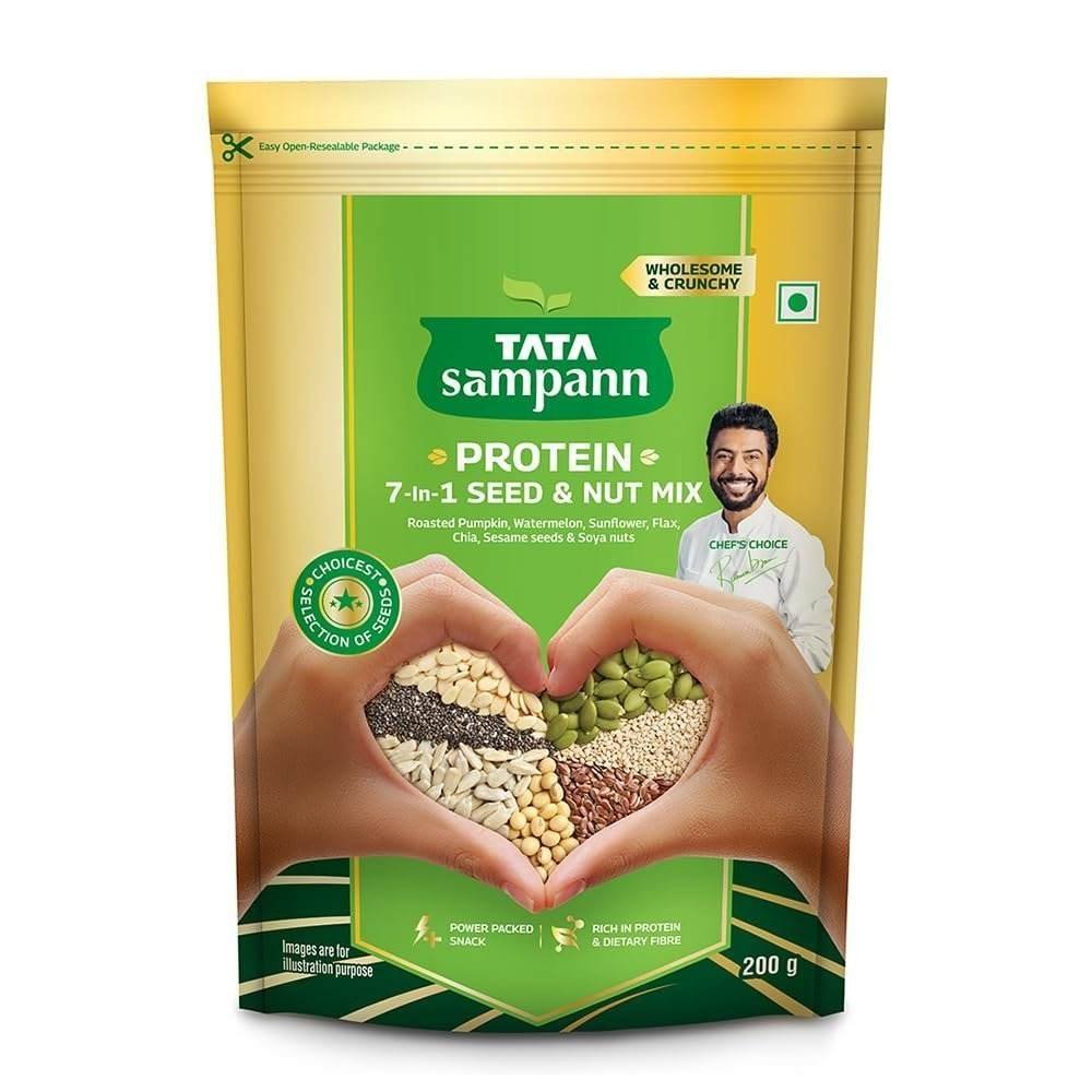uk61cowgnpkCL-1.jpg Tata Sampann Protein 7-in-1 Seed & Nut Mix | Power Packed & Crunchy Snack | Trail Mix | Rich in Protein & Dietary Fibre | Rich in Magnesium & Phosphorus | 200g | Roasted Pumpkin, Watermelon, Sunflower, Flax, Chia, Sesame Seeds & Soya Nuts - Fast UK Delivery - Image 1